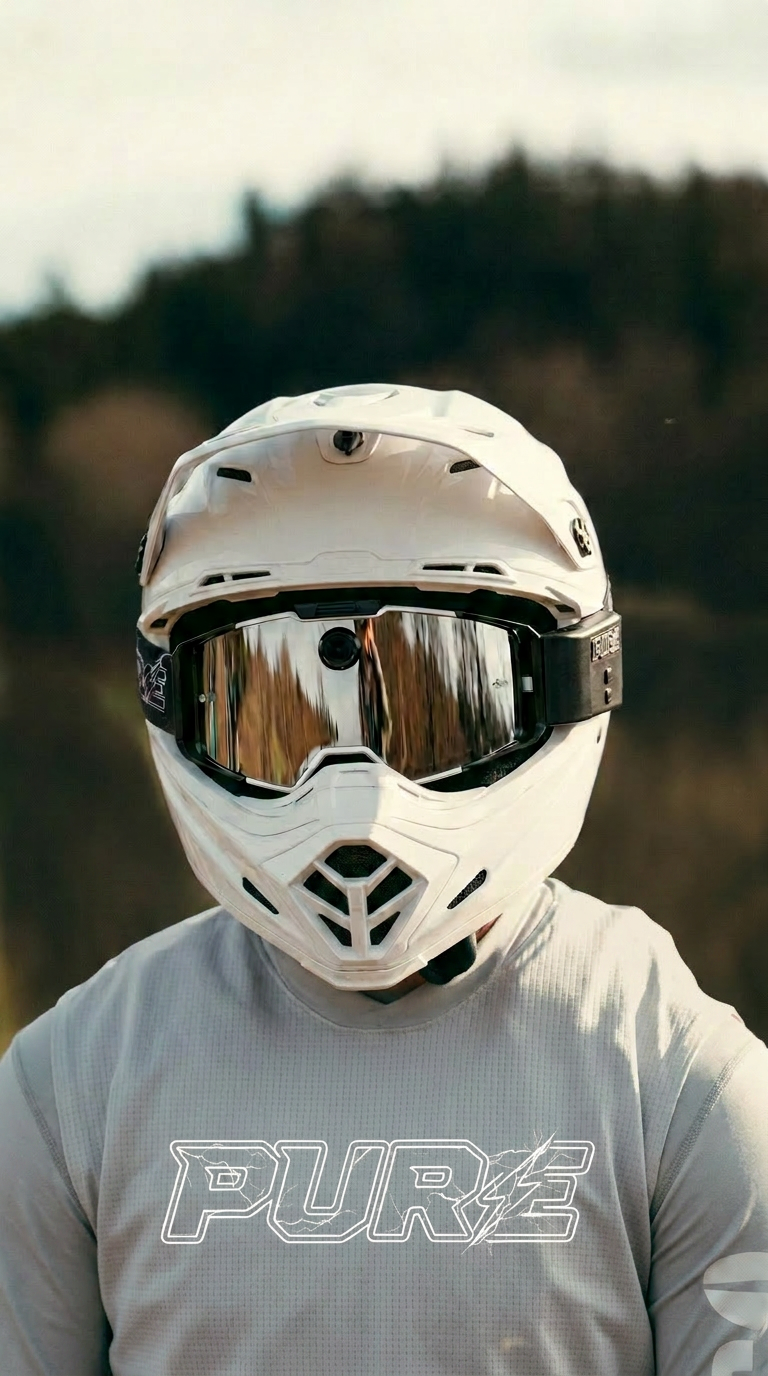 Dirt bike rider mid-jump wearing PURE goggles with integrated camera